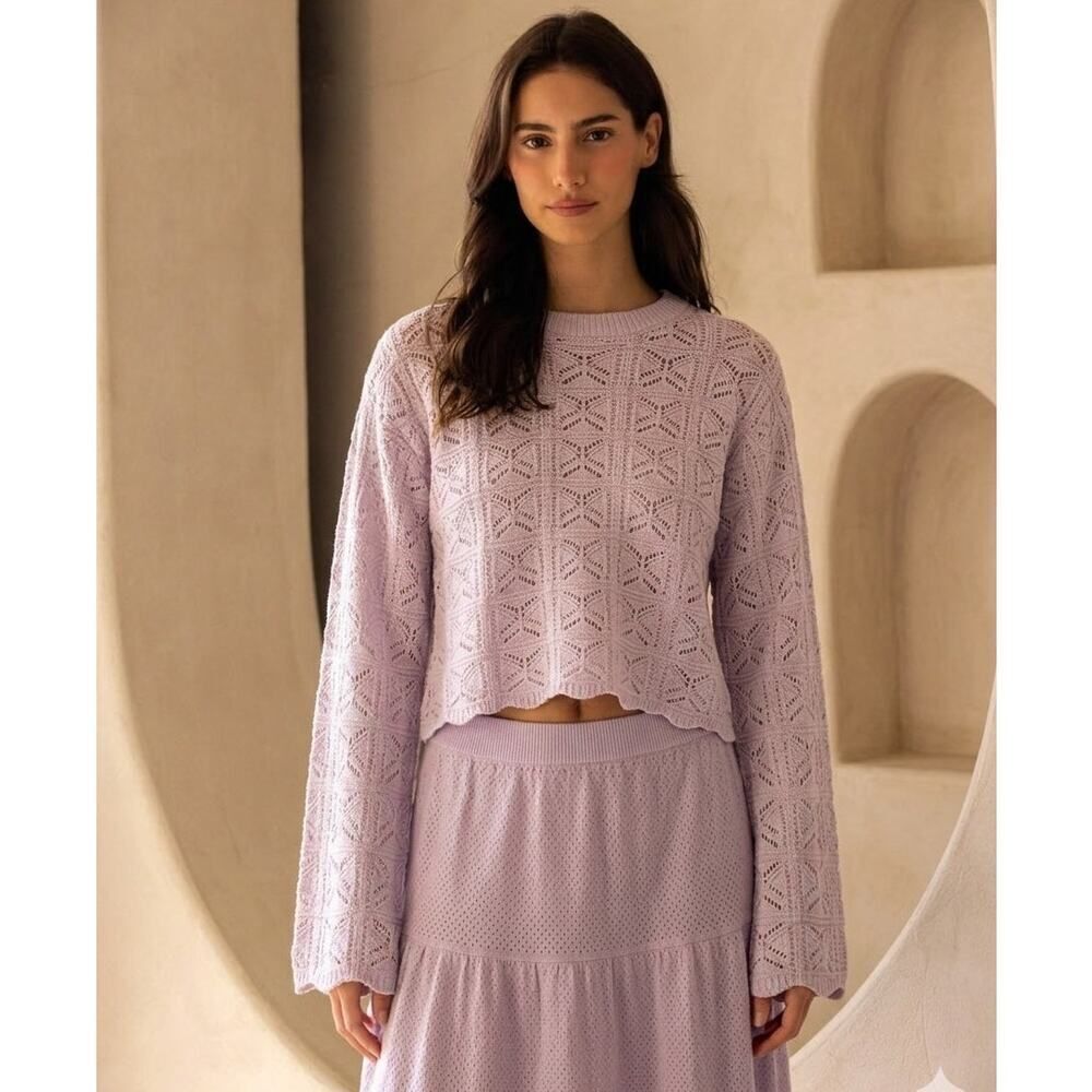 Moon & Madison Lavender Pointelle Knit Cropped Sweater NWT M Lilac Coquette